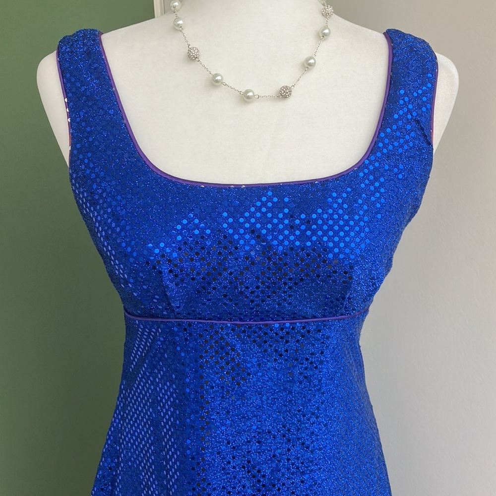 Vintage 80s Cobalt Blue Sequin Metallic Fit and Flare Dress - Picture 2 of 7